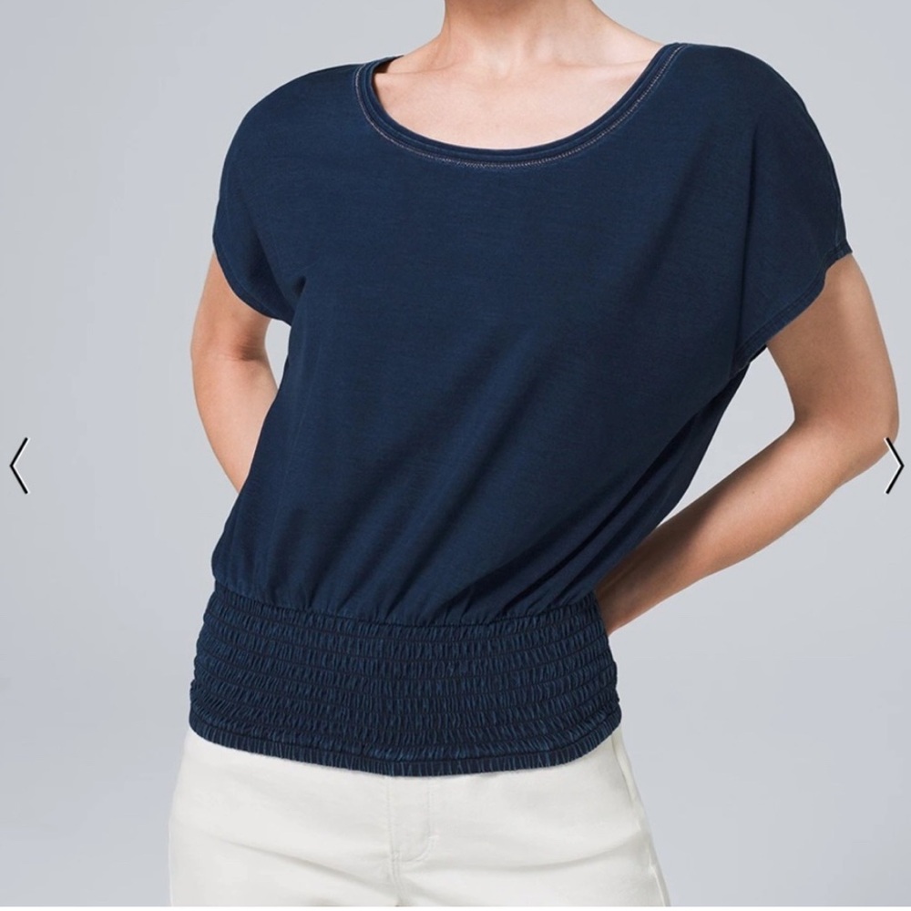 White House Black Market Smocked Hem Dark Blue Blouse T Shirt